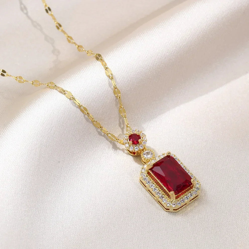 Luxury Emerald Color Earring Necklace Rings Set For Woman Stainless Steel Zircon Rectangle Pendant Necklace Party Jewelry Gift
