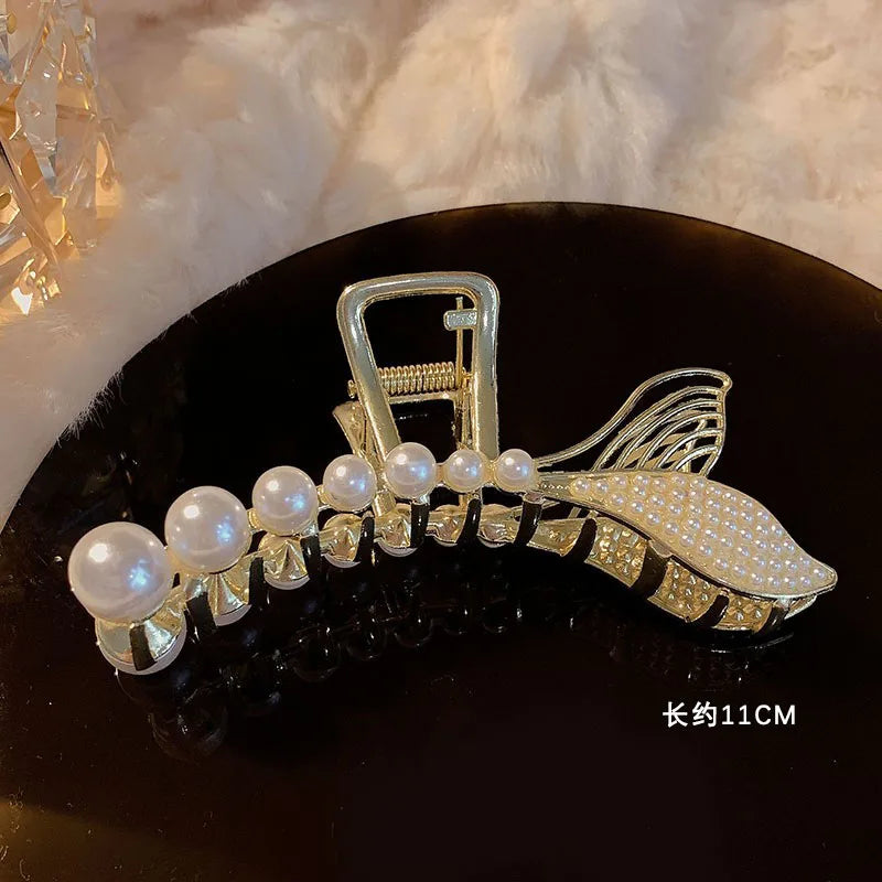 Metal Gold Pearl Hair Clips For Women Elegant Rhinestones Hair Claw Geometric Hollow Hairpins Vintage Barrette Hair Accessories