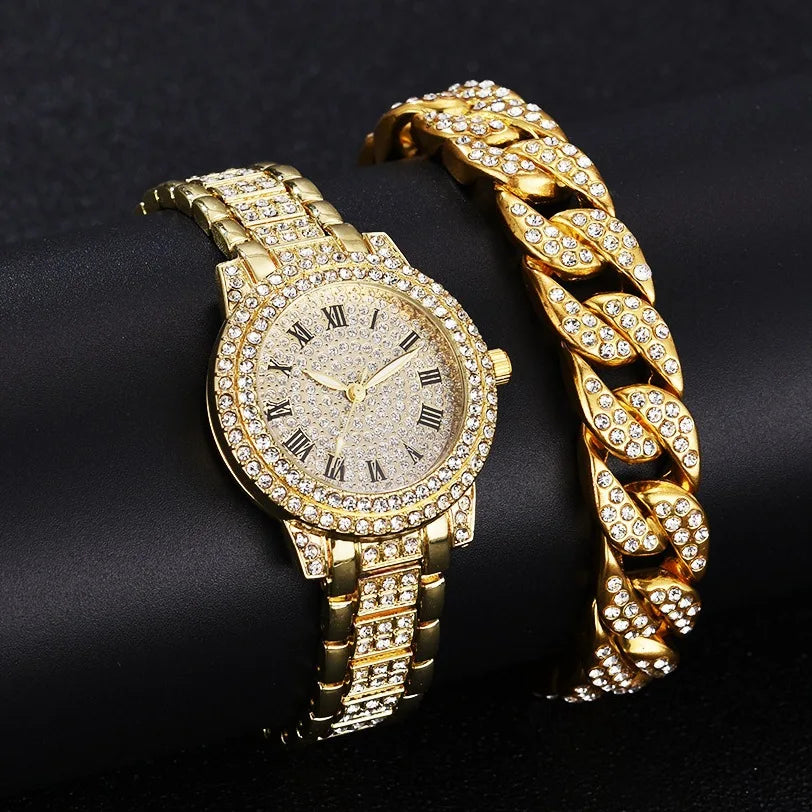 Fashion Luxury Full Crystal 5 Pcs Watch  Necklace Earrings  Ring  Set for Women Rhinestone  Wristwatch Female Bracelet Set Gift
