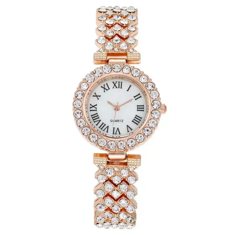 Fashion Luxury Full Crystal 5 Pcs Watch  Necklace Earrings  Ring  Set for Women Rhinestone  Wristwatch Female Bracelet Set Gift