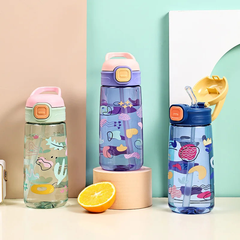 550ml Cute Kids Water Bottle with Straw Outdoor Portable Leakproof Plastic Water Cup  Portable Drinking Bottle Cup Children