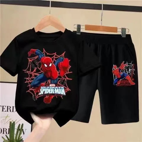 Children'S T-Shirts Spider-Man Set Aoger Spiderman Boys Summer Trend Baby Short Sleeve Shorts Two-Piece Set Kids Outfits Gifts ﻿