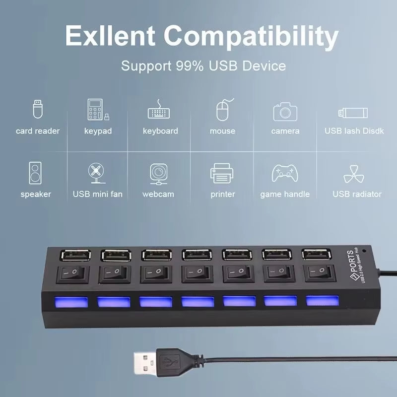 Switch Extension Hub 7-Port USB2.0 Hub Computer USB Extension Hub One Drag Seven USB2.0 Splitter PC Laptop Desktop
